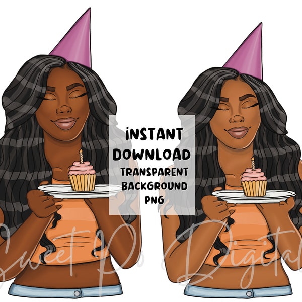 Black Girl Birthday PNG, Woman Holding Cupcake, Woman with Birthday Cake PNG, Black Teen Birthday Clip Art, Afro Woman Birthday PNG