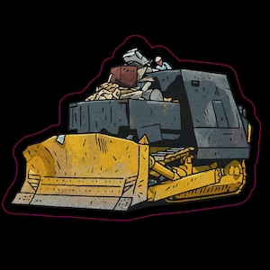 May include: A cartoon illustration of a yellow bulldozer with a black cab and tracks. The bulldozer is carrying a load of debris, including a red brick and other materials. The image has a black background and a pink outline.
