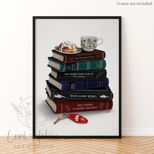 May include: A framed art print featuring a stack of books with titles like "Wild Aloof Rebel" and "Best Wishes Warmest Regards." A coffee cup, a cinnamon roll, and a motel key complete the composition. The artwork has a vintage aesthetic.