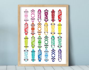 Stampa artistica colorata con skateboard, decorazione per la cameretta dei bambini (download digitale)