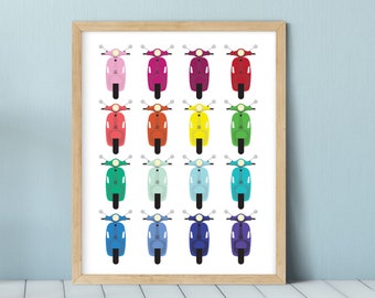 Stampa di uno scooter Vespa colorato, decorazione murale a tema trasporti (download digitale)
