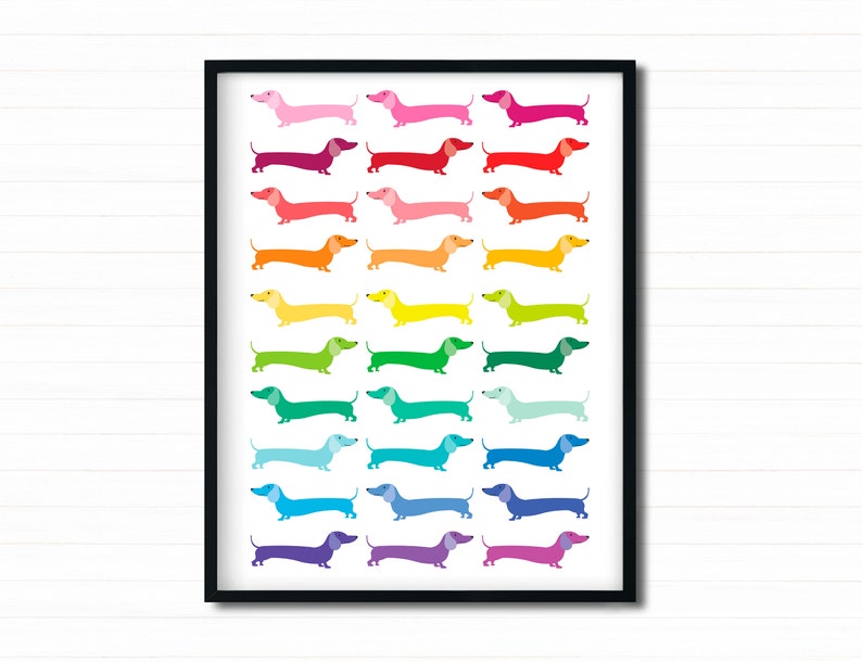 May include: A framed print featuring a rainbow of dachshund dogs, each a different color, arranged in a vertical line.
