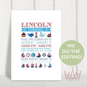 Nautical Editable Invitation, Sailor Invite, Minimalist Sailing Invite, Ahoy Sailboat Party, Boys Birthday Party Invite, We Do The Editing!
