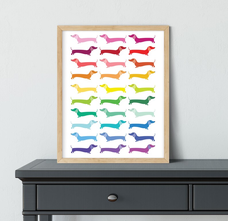 May include: A framed print featuring a rainbow of dachshund dogs, each a different color, arranged in rows. The background is white.