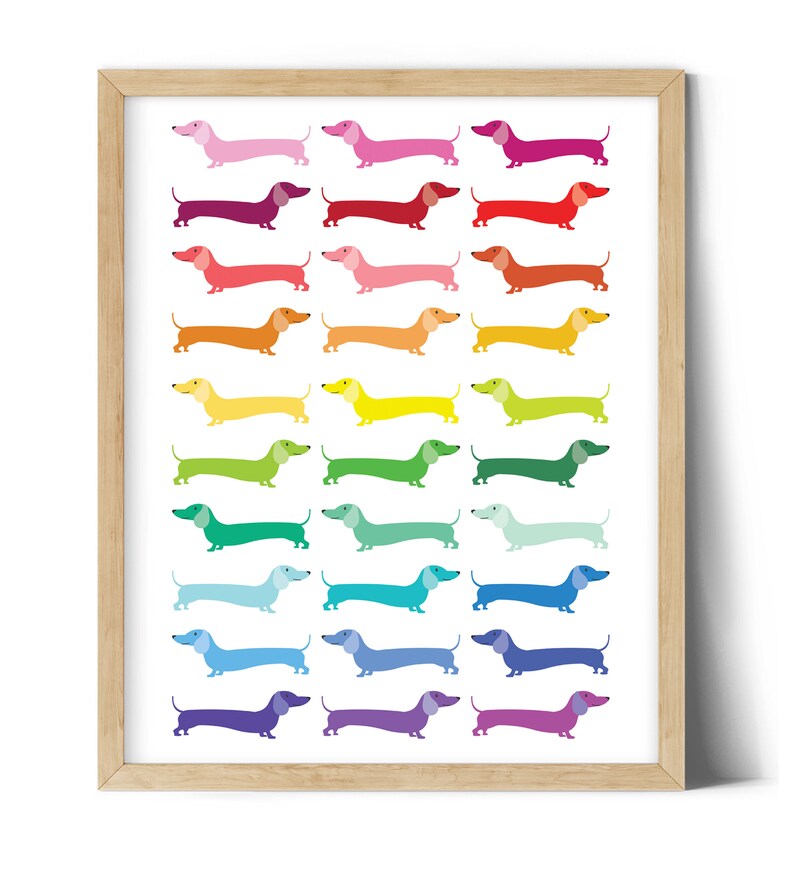 May include: A framed print featuring a rainbow of dachshund dogs, each a different color, arranged in rows.