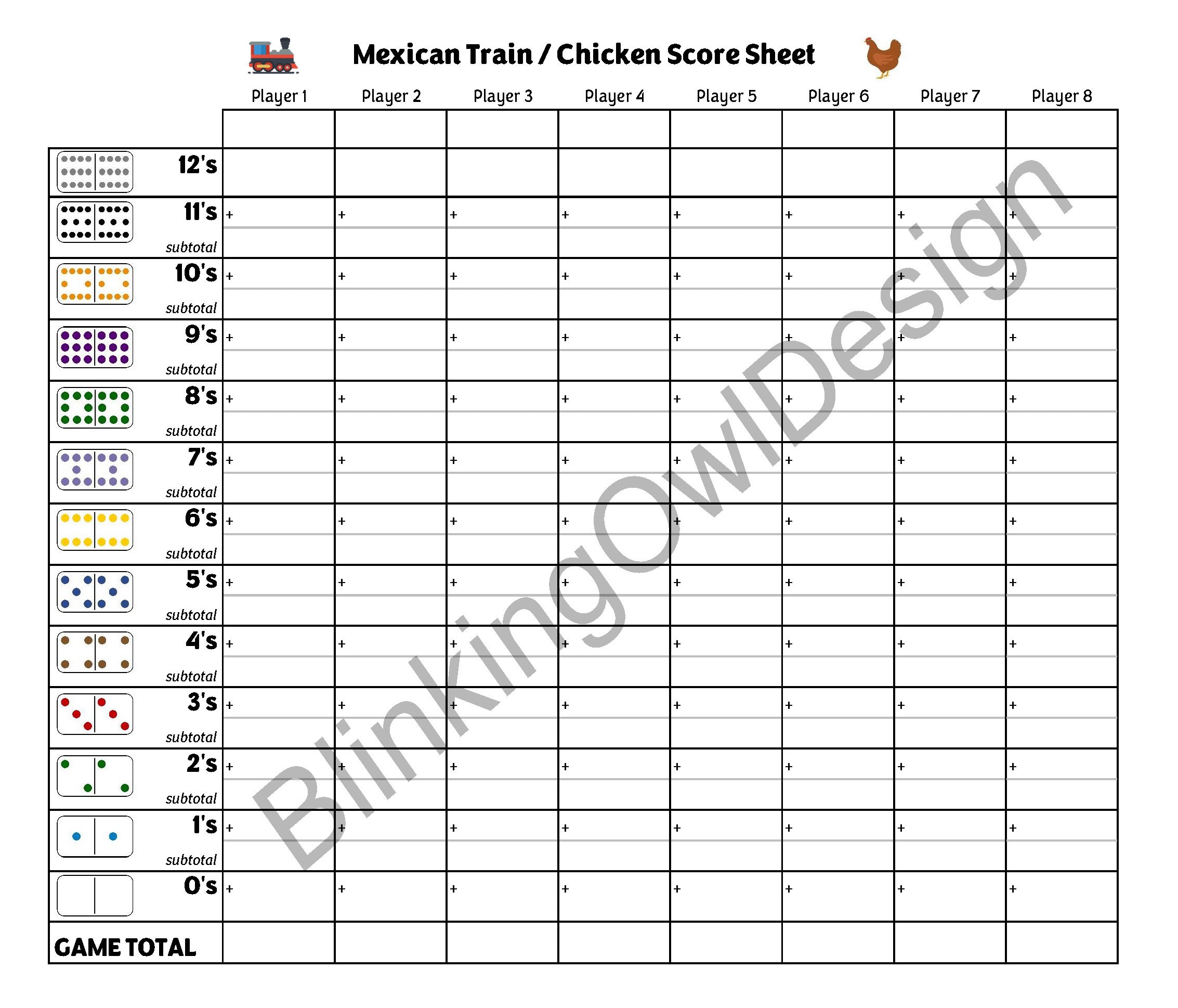 Mexican Train / Chicken Dominoes Score Score Sheet / Score Card ~ Instant Digital Download - Etsy