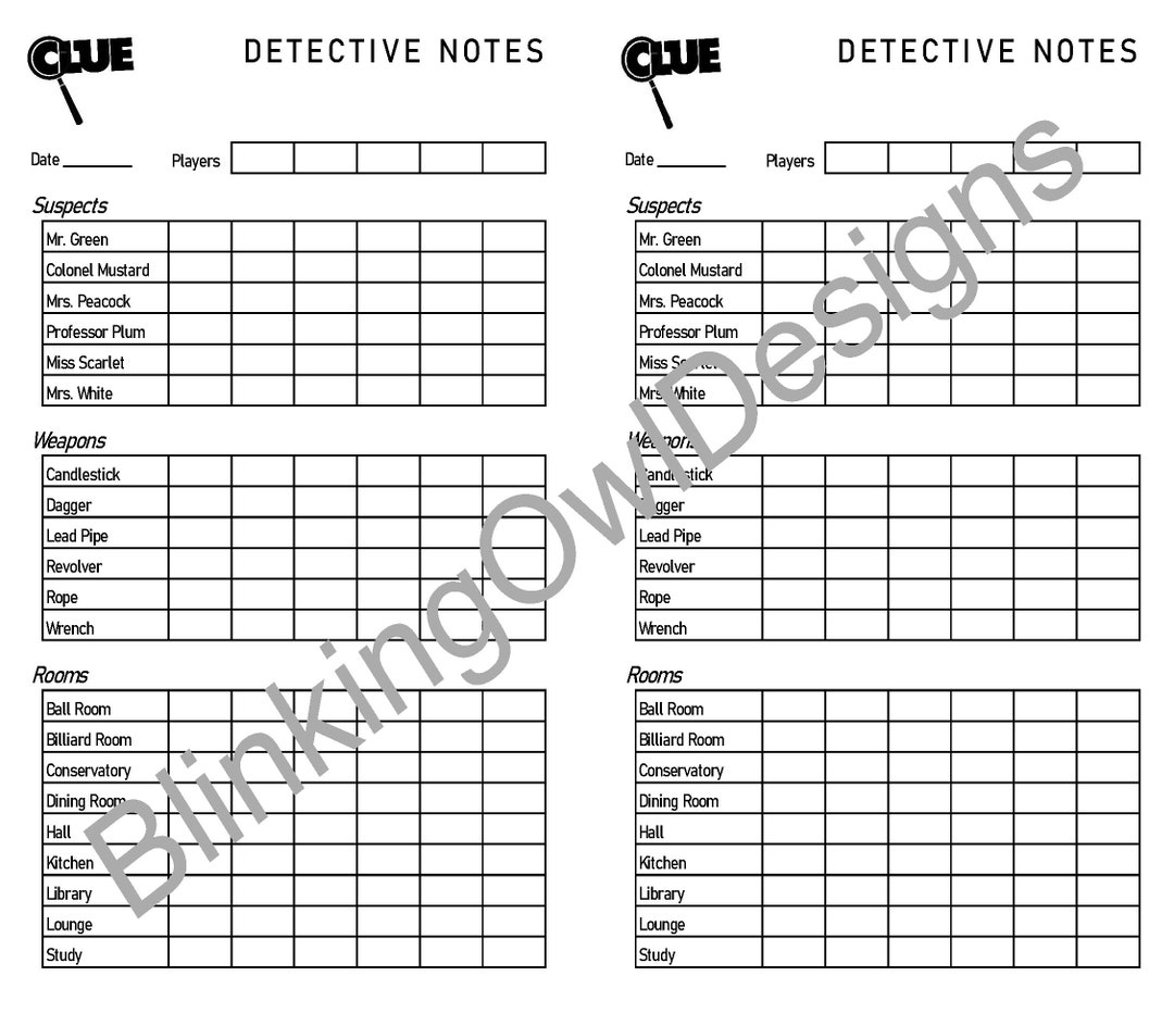 Clue Score Card Score Sheet Digital Download Half Page Large Format