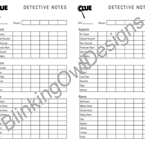 Clue Score Card / Score Sheet Digital Download - Half Page Large  Format (Classic Characters)