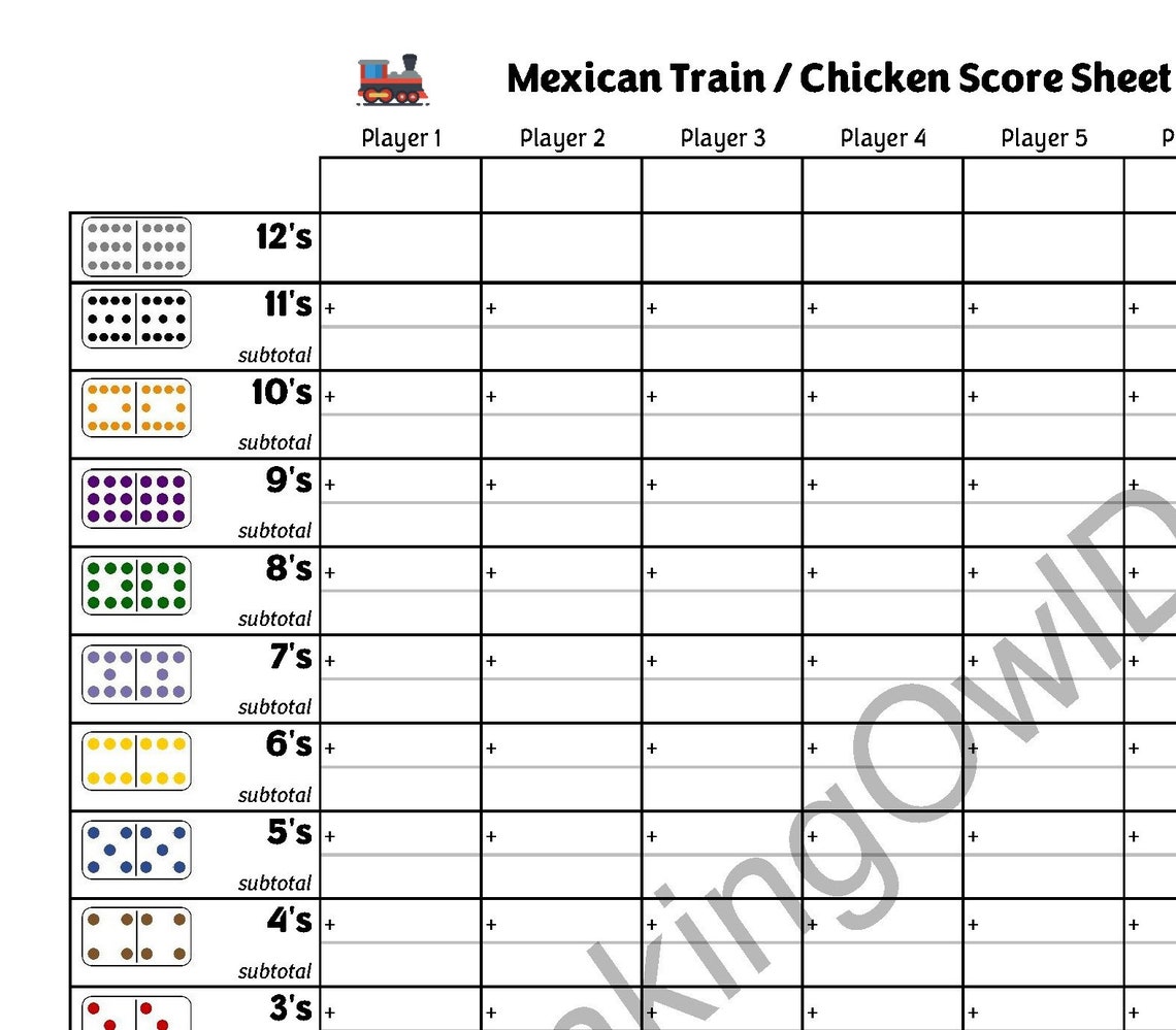 Mexican Train / Chicken Dominoes Score Score Sheet / Score Card