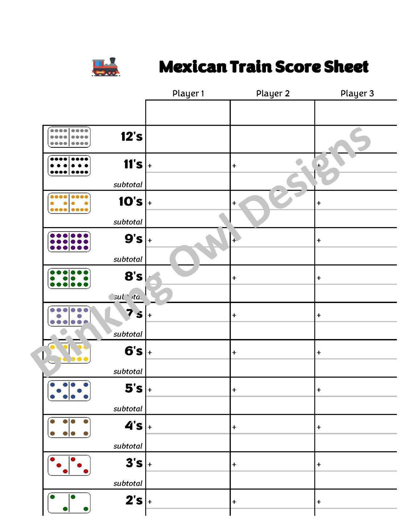Mexican Train Dominoes VERTICAL Score Sheet / Score Card Instant