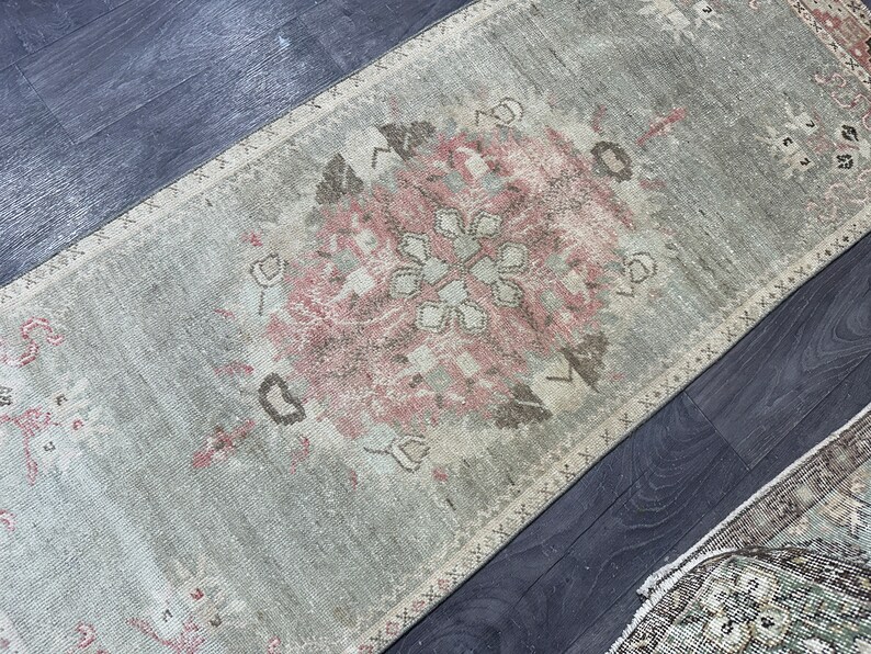 2x6 Green Pink Brown Vintage Runner Rug, 2x6 Handmade Neatrul Oushak