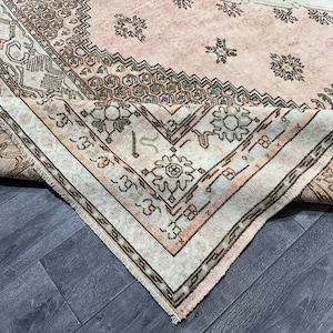 7x10 Pink Beige FAded Green Orange Turkish Rug, 7x10 Natural Vintage Rug, Handmade Oushak Living Room Kitchen Kids Entry Area Rug,7.4x9.5 Ft