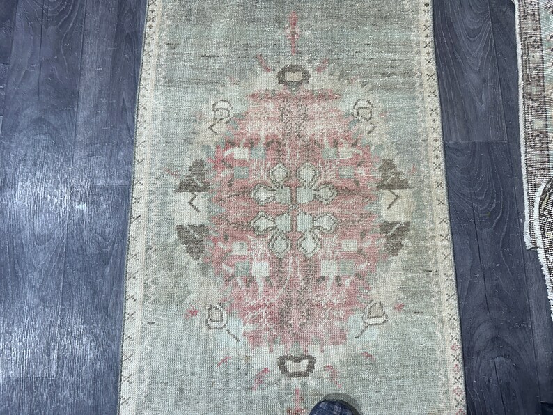 2x6 Green Pink Brown Vintage Runner Rug, 2x6 Handmade Neatrul Oushak