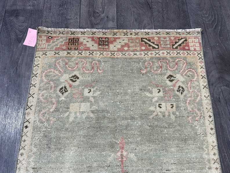 2x6 Green Pink Brown Vintage Runner Rug, 2x6 Handmade Neatrul Oushak