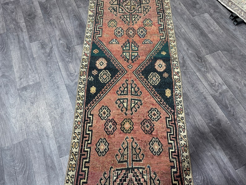 3x13 Pink Blue Beige Brown Turkish Runner, 3x13 Vintage Runner,oushak