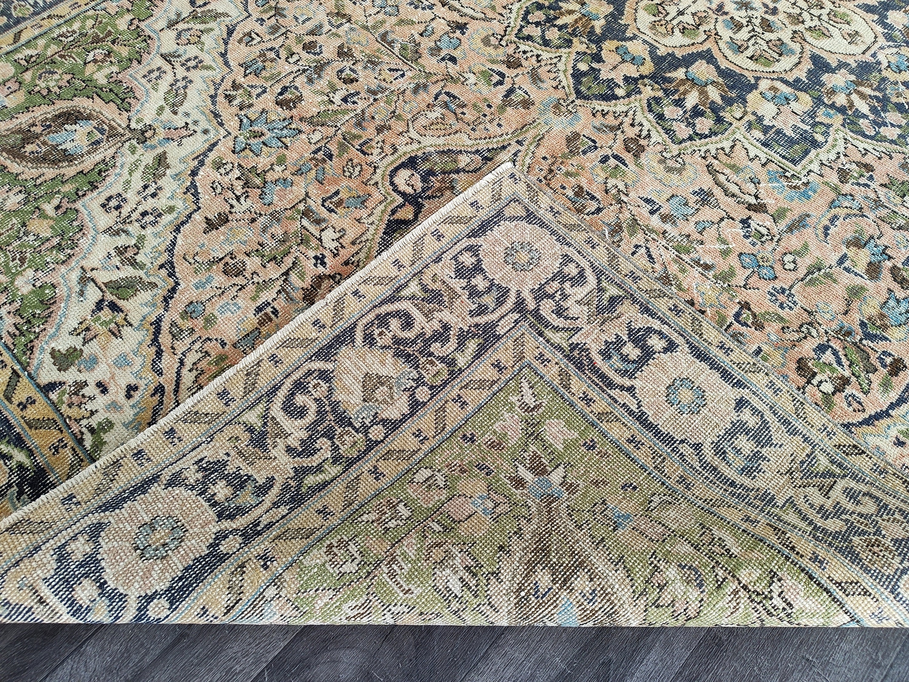 7x11 Vintage Turkish Oushak Rug: Beige, Pink, Green, and Blue Wool