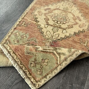 1x3 Beige Blue Pastel Reddish Pink Turkish Door mat, 1x3 Handmade Vintage Rug, Oushak Bathroom Kitchen Throw Kids Entryway Rug, 1.3x3.0 Ft