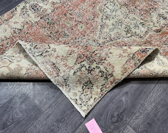 4x7 Vintage Turkish Oushak Rug: Pink, Green, and Blue Wool