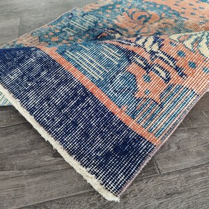 Vintage Turkish Runner Rug 3x9: Red, Blue Oushak Wool Rug