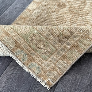 Vintage Oushak Turkish Rug: Beige Blue Neutral Small Rug (1.4x3.2 Ft)