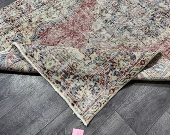 Vintage Oushak Wool Rug: 3.8x6.6 Ft Red, Beige, Blue, Green