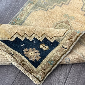 Blue & Green Turkish Wool Rug: Vintage Entry Mat 1.6x2.8 Ft