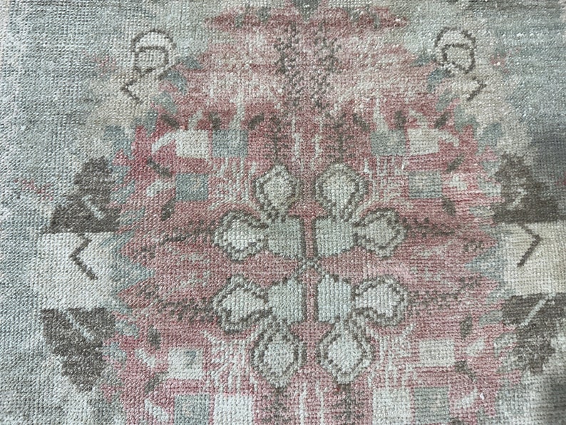 2x6 Green Pink Brown Vintage Runner Rug, 2x6 Handmade Neatrul Oushak