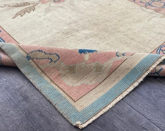 4x6 Vintage Oushak Rug: Pink, Beige & Blue Turkish Wool Rug