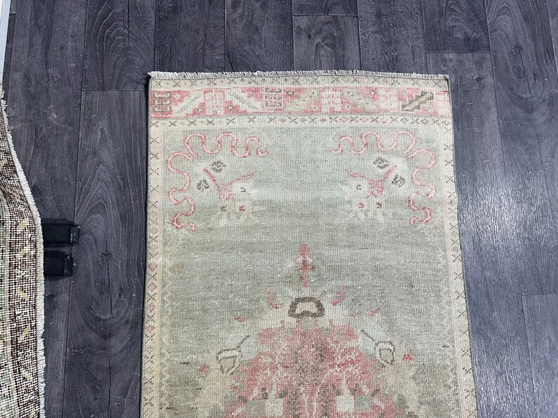 2x6 Green Pink Brown Vintage Runner Rug, 2x6 Handmade Neatrul Oushak