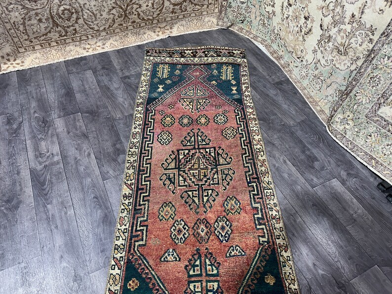 3x13 Pink Blue Beige Brown Turkish Runner, 3x13 Vintage Runner,oushak