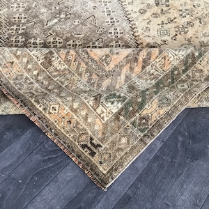 7x9 Handmade Oushak Rug: Faded Orange, Brown & Green Animal Motifs
