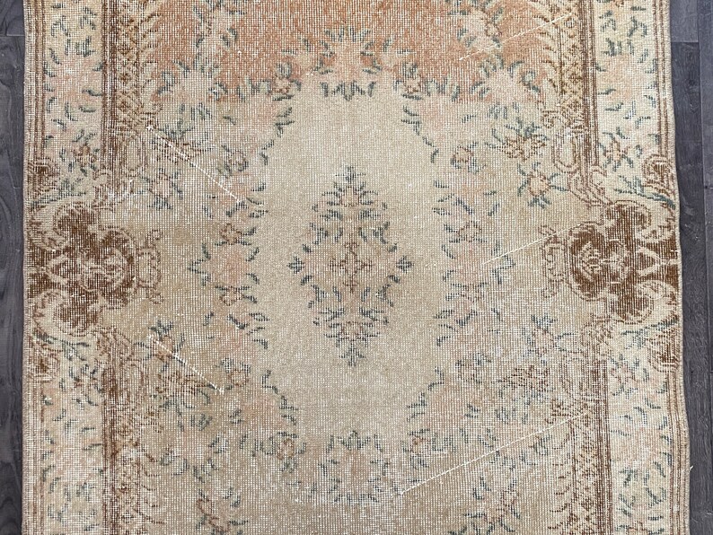 4x7 Faded Orange Beige Brown Blue Turkish Rug , 4x7 Natural Vintage Rug