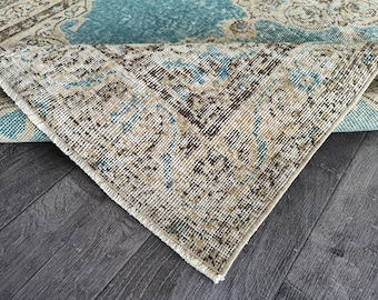 4x7 Beige & Aqua Oushak Rug: Hand-Knotted Turkish Wool Rug