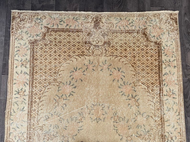 4x7 Faded Orange Beige Brown Blue Turkish Rug , 4x7 Natural Vintage Rug