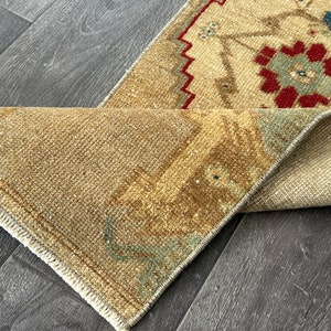Handmade Turkish Oushak Rug: Red & Beige Vintage Entryway Mat (1.2x3.5 Ft)