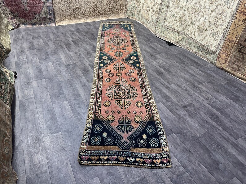 3x13 Pink Blue Beige Brown Turkish Runner, 3x13 Vintage Runner,oushak