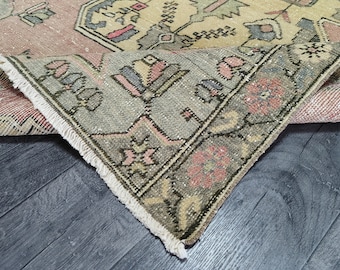 4x8 Vintage Turkish Rug: Pink, Blue, Yellow Wool, Handmade