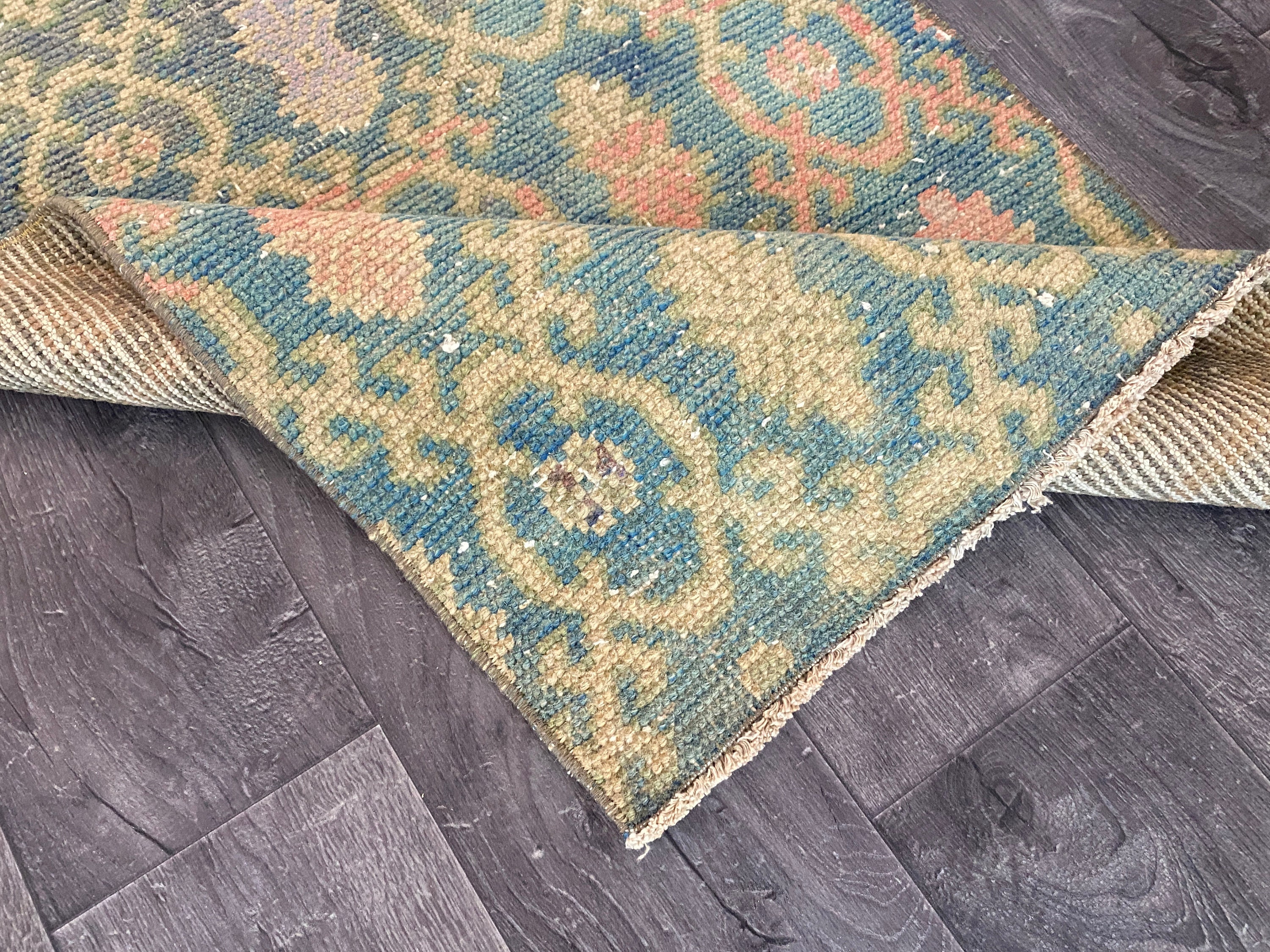 2x8 ヴィンテージ トルコ製ランナーラグ：ネイビーブルー＆オレンジの