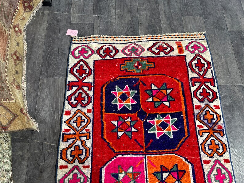 Unique 3x10 White Red Orange Pink Blue Turkish Runner, 3x10 Handmade