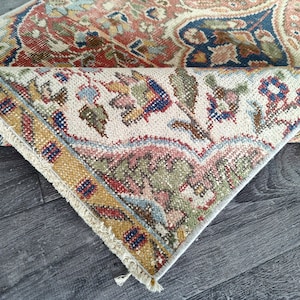 Vintage Turkish Runner Rug 2.6x9.0 ft: Red, Blue, Beige Oushak Rug