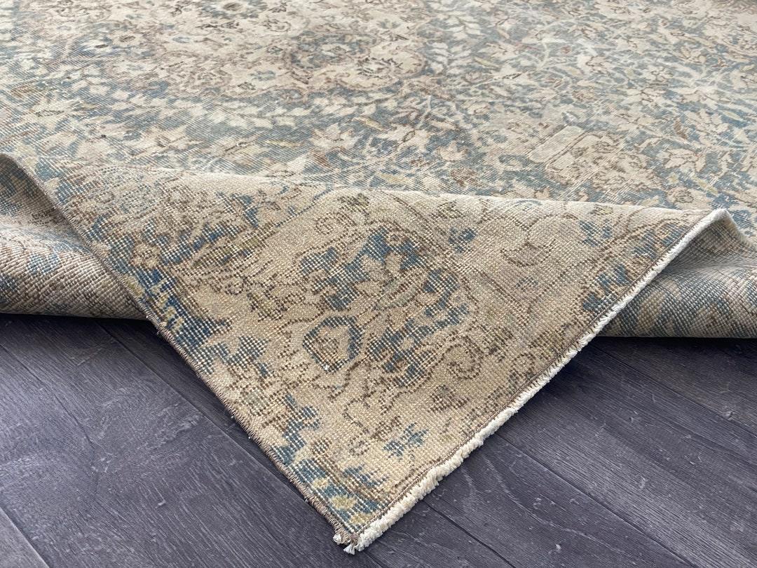 7x9 Blue Beige Turkish Area Rug, 7x9 Beige Blue Vintage Rug, Oushak