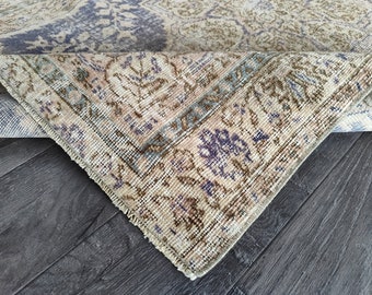 4x6 Vintage Oushak Rug: Beige, Blue, and Pink Wool Handmade Rug