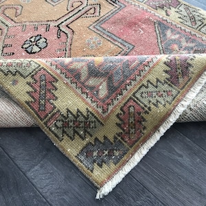 Handmade Oushak Runner Rug: 3.4x7.6 Pink Orange Green Turkish Rug