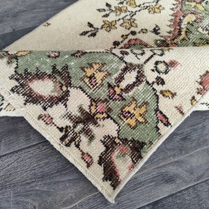 Handmade Wool Turkish Runner Rug: Beige, Green, Pink Vintage Oushak (2.3x13.8 Ft)