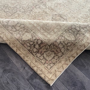 7x10 Beige Green Pink Motifs Persian Heriz Rug, 7x10 Unique Neatrul Handmade Vintage Rug, Living Room Palace Oversize Wool Rug,6.6x10.1 Ft