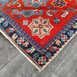 3.2x5.6 Ft Unique Red Blue White Turkish Runner Rug, One of a kind 3x6 Vintage Runner,Oushak Kitchen Kids Entry Living Room Bedroom Wool Rug