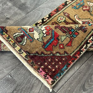 1x3 Unique Brown Red Blue Turkish Rug, 1x3 Neatrul Vintage Door mat, Oushak Bathroom Kitchen Throw Entry Small Rug, Home Decor, 1.4x3.1 Ft