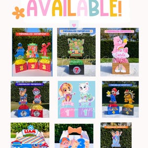 Peut inclure: Image promotionnelle pr&eacute;sentant divers mod&egrave;les de centres de table personnalis&eacute;s. Le texte "More Themes AVAILABLE!" est affich&eacute; en haut. Les centres de table pr&eacute;sentent des personnages de dessins anim&eacute;s et des noms, avec des bo&icirc;tes color&eacute;es et des &eacute;l&eacute;ments d&eacute;coratifs.