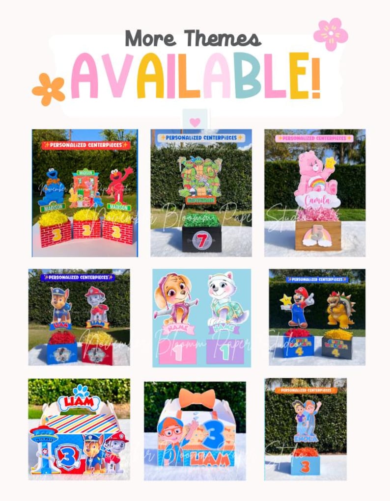 Peut inclure: Image promotionnelle pr&eacute;sentant divers mod&egrave;les de centres de table personnalis&eacute;s. Le texte "More Themes AVAILABLE!" est affich&eacute; en haut. Les centres de table pr&eacute;sentent des personnages de dessins anim&eacute;s et des noms, avec des bo&icirc;tes color&eacute;es et des &eacute;l&eacute;ments d&eacute;coratifs.