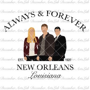 Op de afbeelding: Een zwart-witte illustratie van drie mensen die samen staan. De tekst "ALWAYS & FOREVER" staat boven hen. De tekst "EST. 1920" en "NEW ORLEANS Louisiana" staat onder hen.
